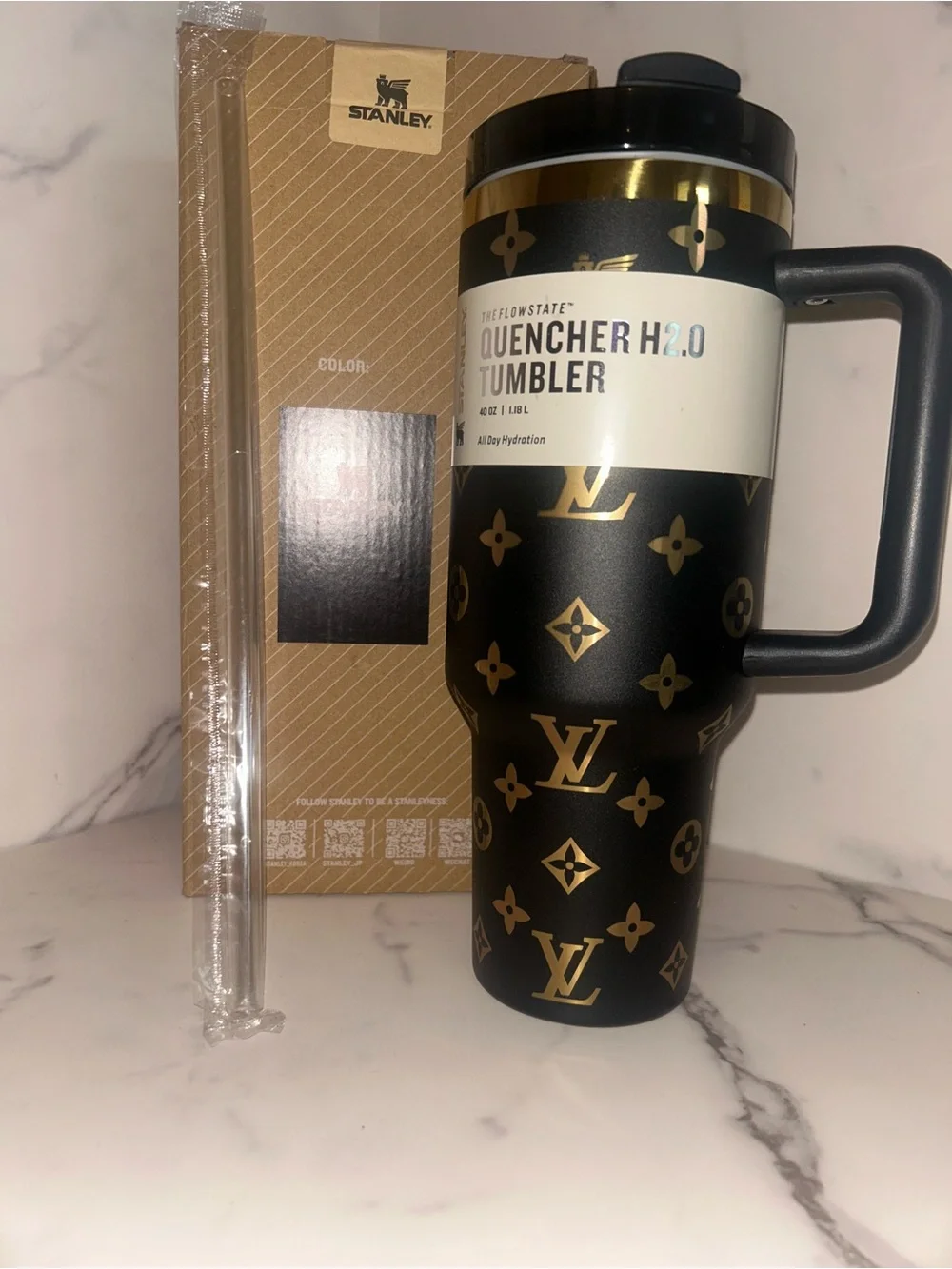 Stanley Black Tumbler with Gold Monogram Accents - Picture 1 of 5
